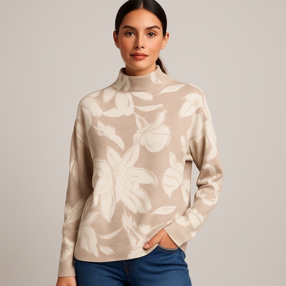 Tahari Beige and Cream Floral Jacquard Mock Neck Sweater - Picture 2 of 9